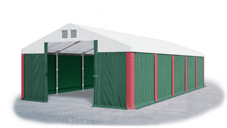 Garážový stan 8x8x4m střecha PVC 560g/m2 boky PVC 500g/m2 konstrukce ZIMA Zelená Bílá Červené